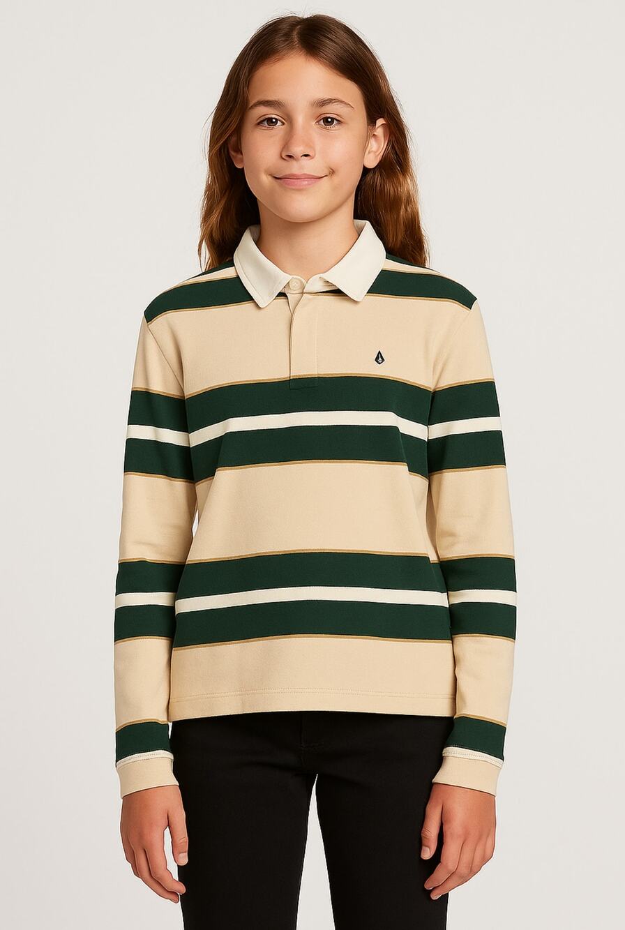 Volcom Girls XL Rugby Polo Shirt 14/16 Striped Long Sleeve NWT Beige
